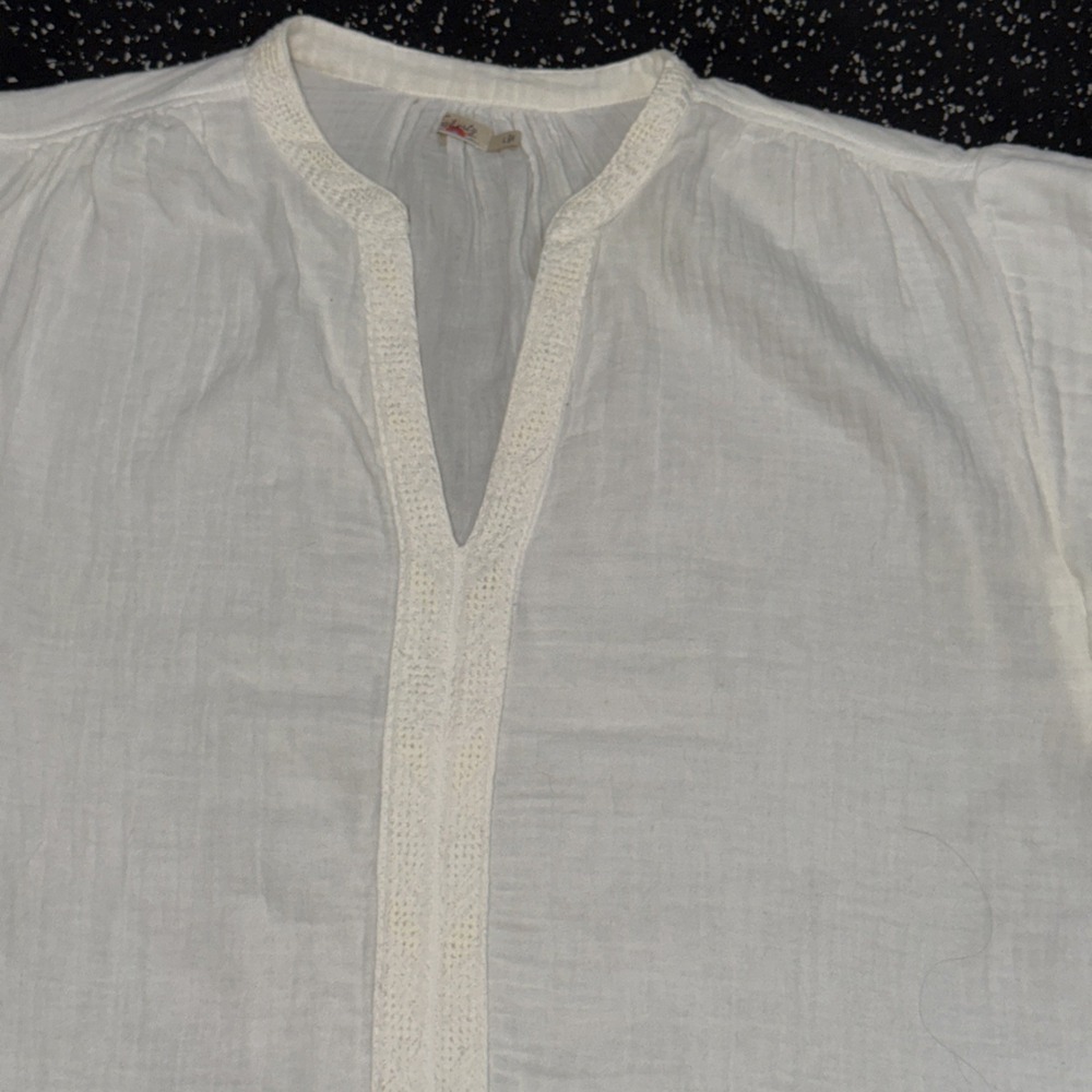 Faherty Womens Med White Organic Cotton Gauze Crochet V-Neck Top Boho Coastal - Picture 2 of 9